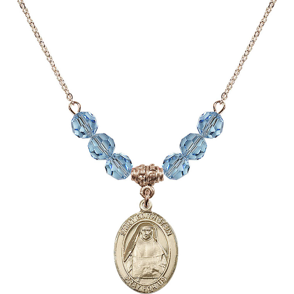 14kt Gold Filled Saint Edith Stein Birthstone Necklace with Aqua Beads - 8103