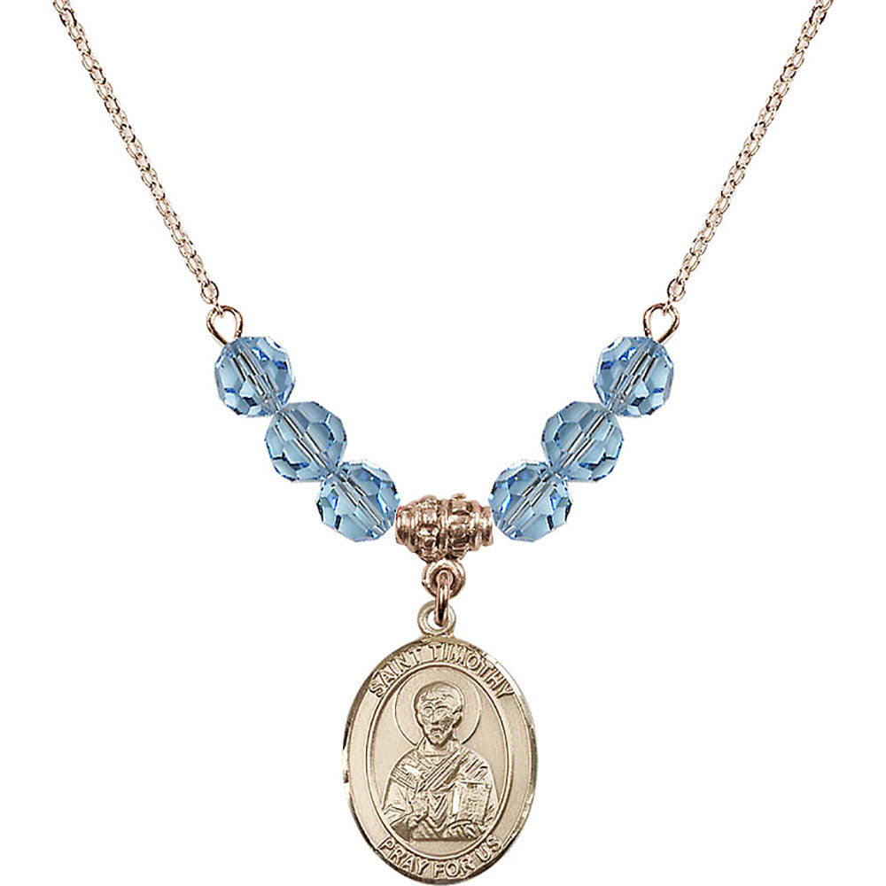 14kt Gold Filled Saint Timothy Birthstone Necklace with Aqua Beads - 8105