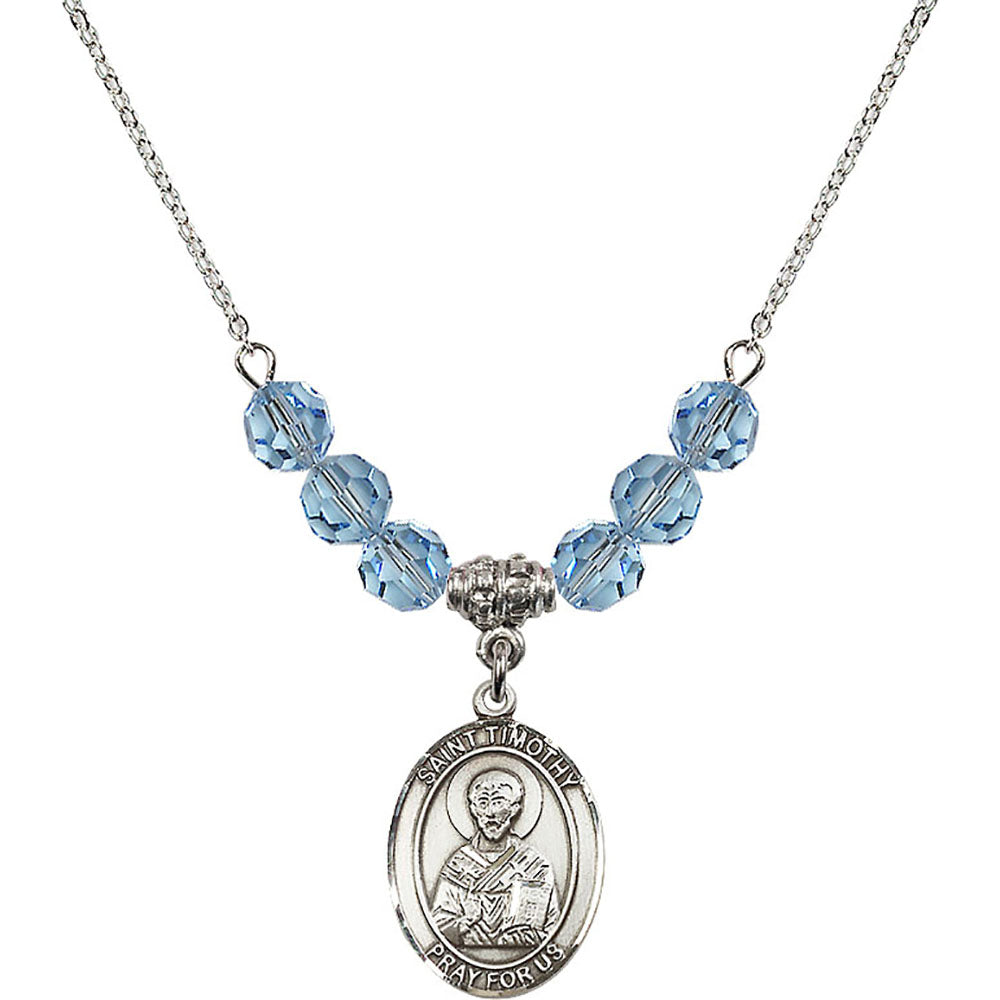 Sterling Silver Saint Timothy Birthstone Necklace with Aqua Beads - 8105