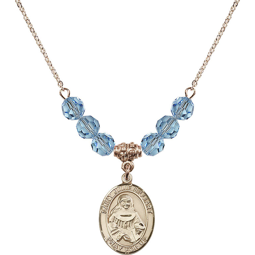 14kt Gold Filled Saint Julie Billiart Birthstone Necklace with Aqua Beads - 8117