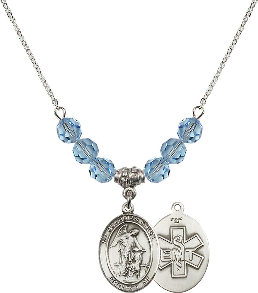 Sterling Silver Guardian Angel / EMT Birthstone Necklace with Aqua Beads - 8118