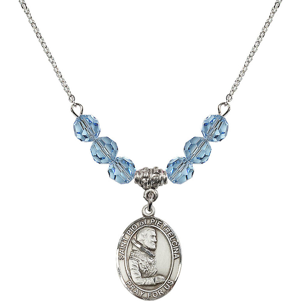 Sterling Silver Saint Pio of Pietrelcina Birthstone Necklace with Aqua Beads - 8125