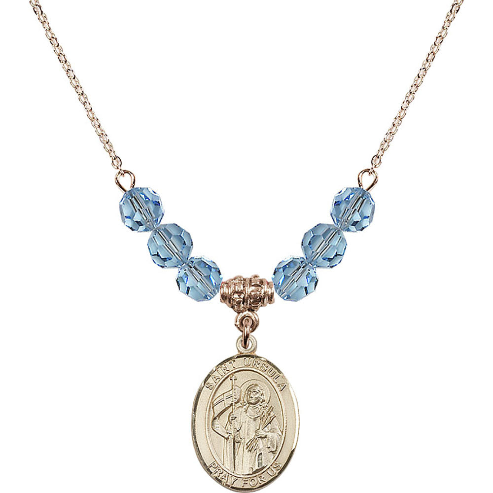 14kt Gold Filled Saint Ursula Birthstone Necklace with Aqua Beads - 8127