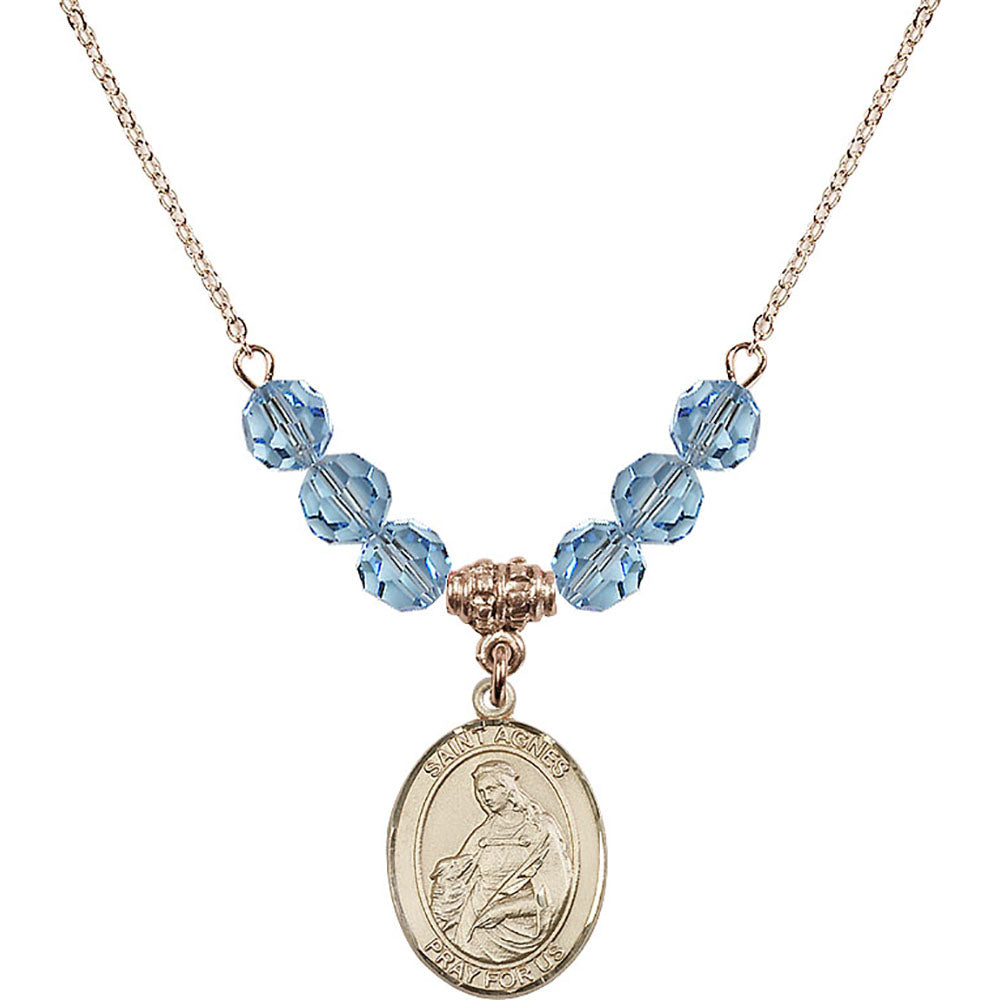 14kt Gold Filled Saint Agnes of Rome Birthstone Necklace with Aqua Beads - 8128