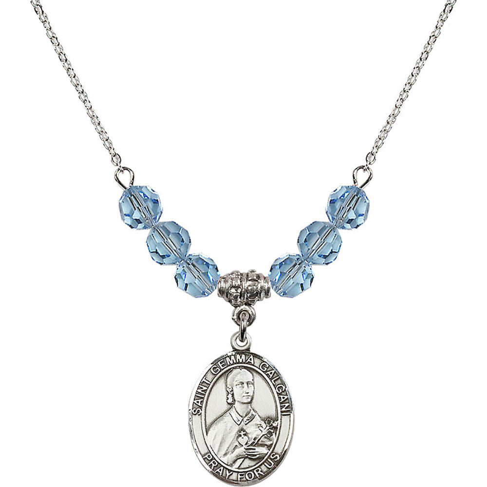 Sterling Silver Saint Gemma Galgani Birthstone Necklace with Aqua Beads - 8130