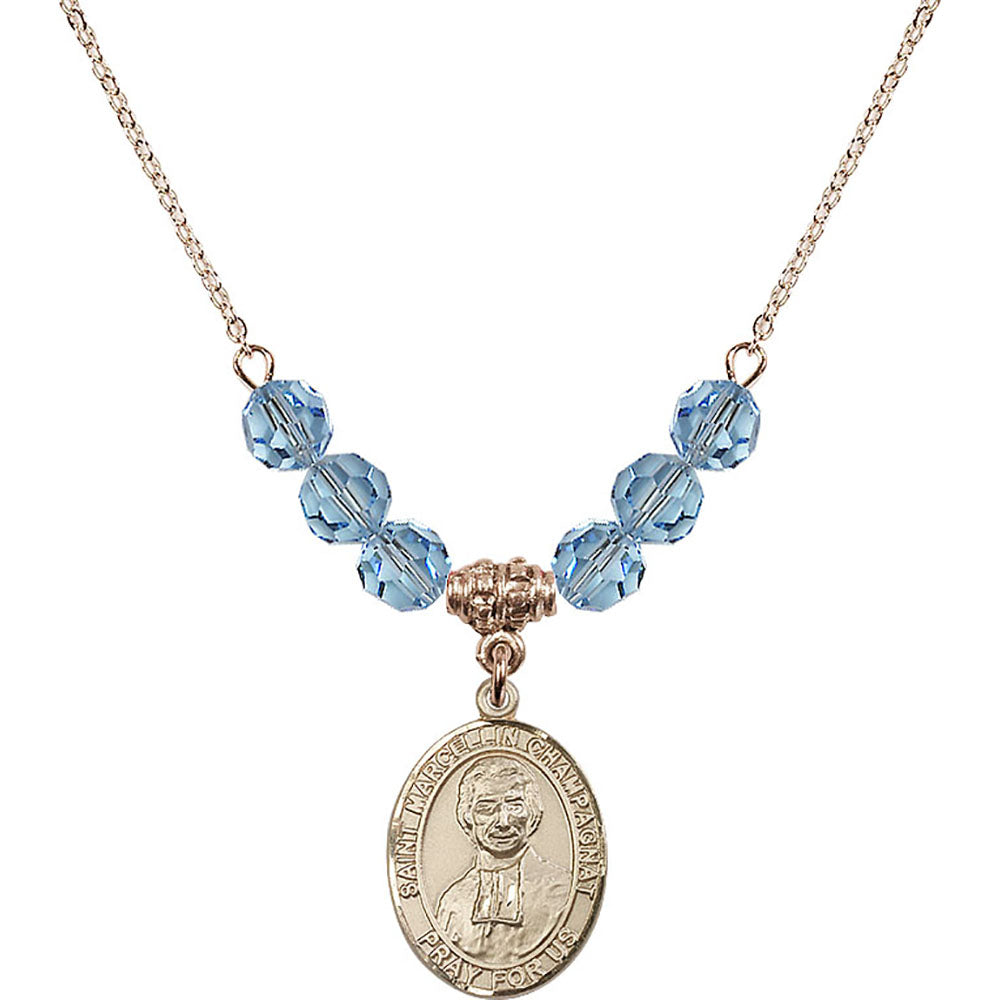 14kt Gold Filled Saint Marcellin Champagnat Birthstone Necklace with Aqua Beads - 8131
