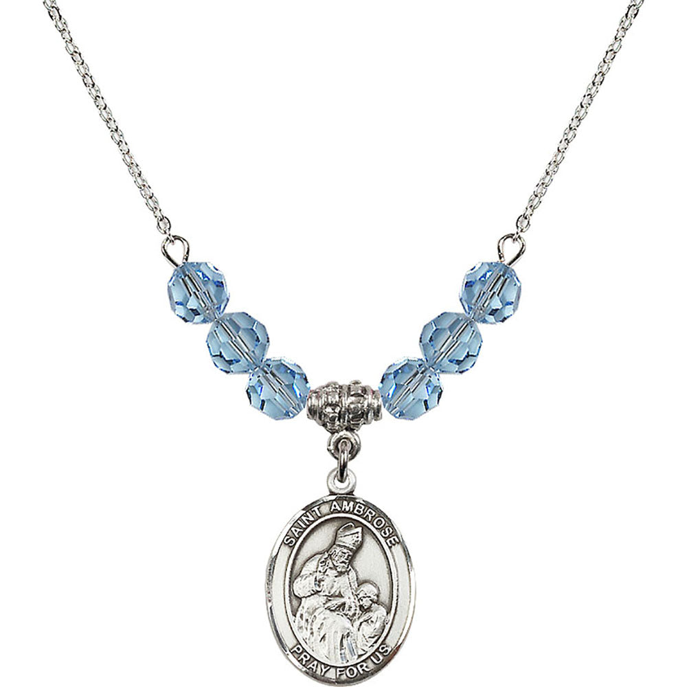 Sterling Silver Saint Ambrose Birthstone Necklace with Aqua Beads - 8137