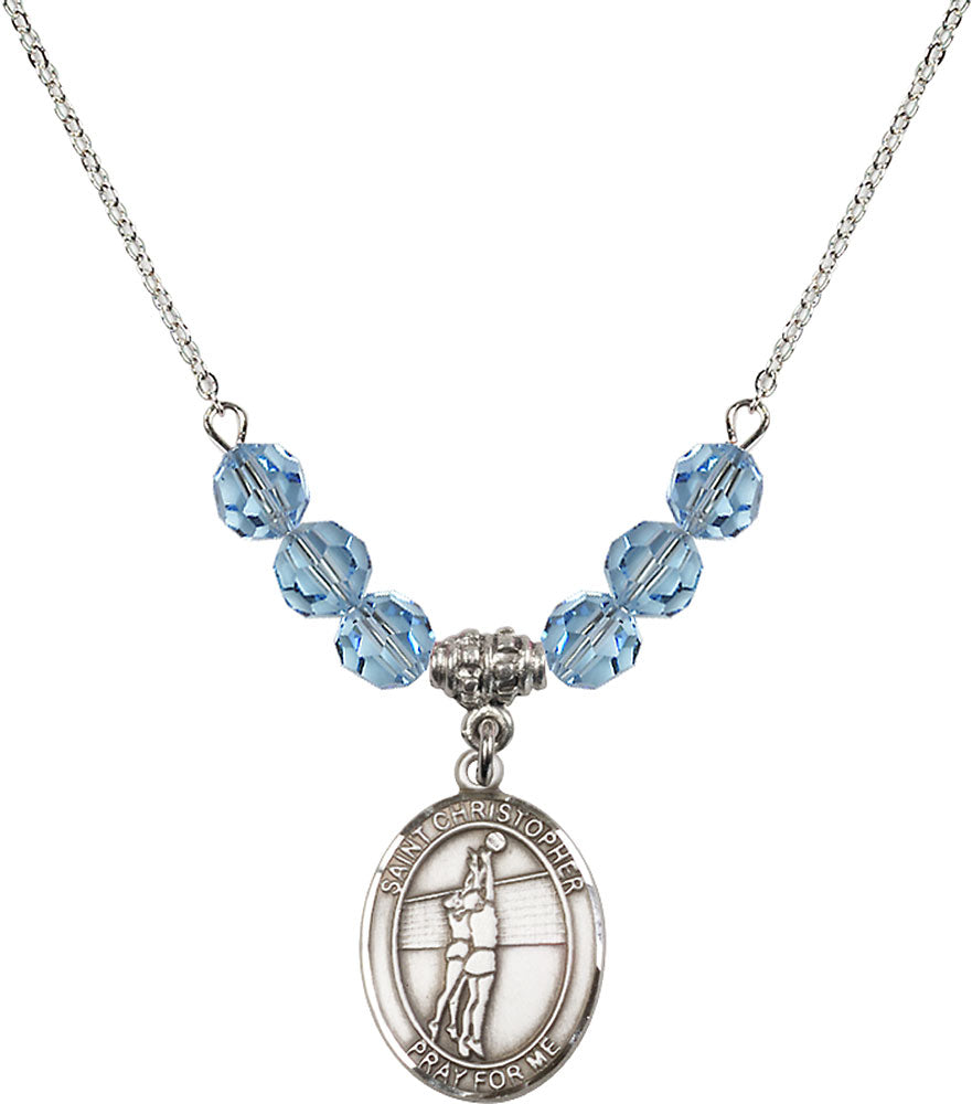 Sterling Silver Saint Christopher/Volleyball Birthstone Necklace with Aqua Beads - 8138