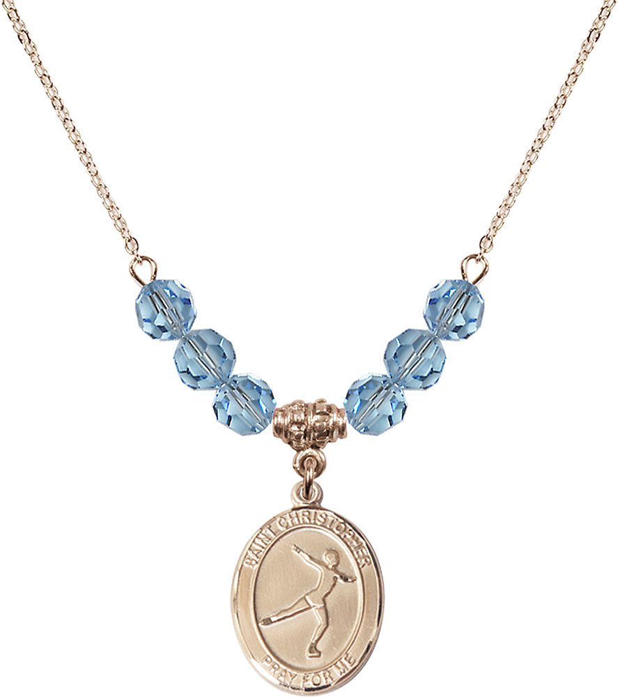 14kt Gold Filled Saint Christopher/Figure Skating Birthstone Necklace with Aqua Beads - 8139