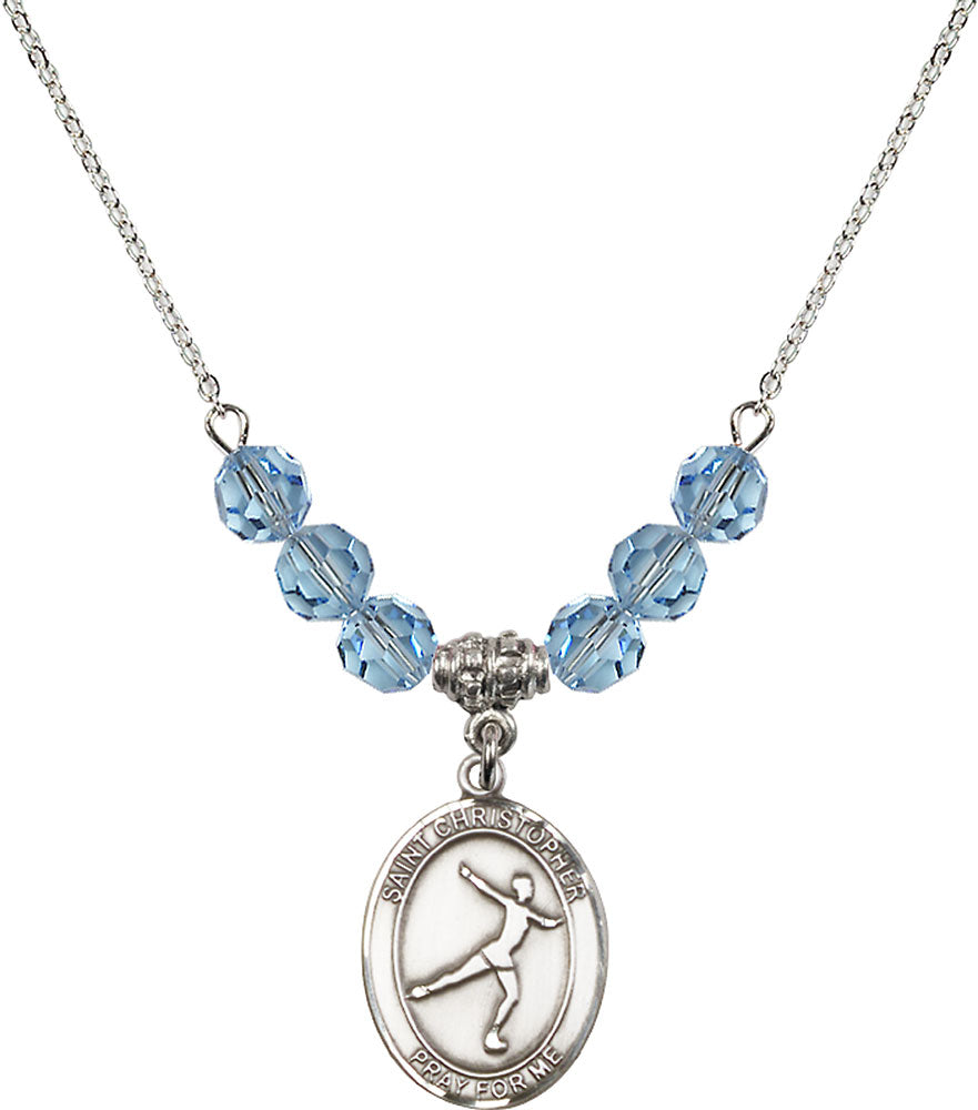 Sterling Silver Saint Christopher/Figure Skating Birthstone Necklace with Aqua Beads - 8139