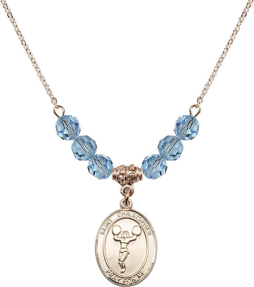 14kt Gold Filled Saint Christopher/Cheerleading Birthstone Necklace with Aqua Beads - 8140