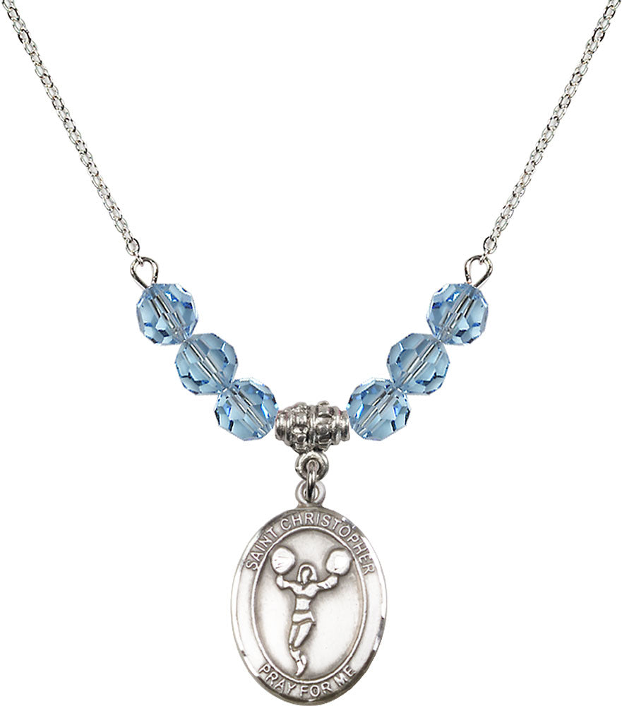 Sterling Silver Saint Christopher/Cheerleading Birthstone Necklace with Aqua Beads - 8140