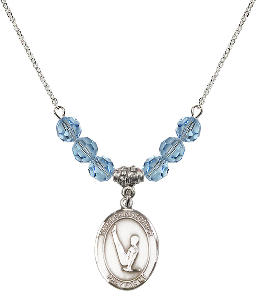Sterling Silver Saint Christopher/Gymnastics Birthstone Necklace with Aqua Beads - 8142