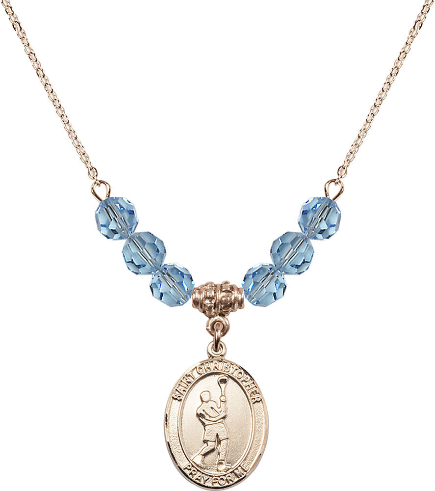 14kt Gold Filled Saint Christopher/Lacrosse Birthstone Necklace with Aqua Beads - 8144