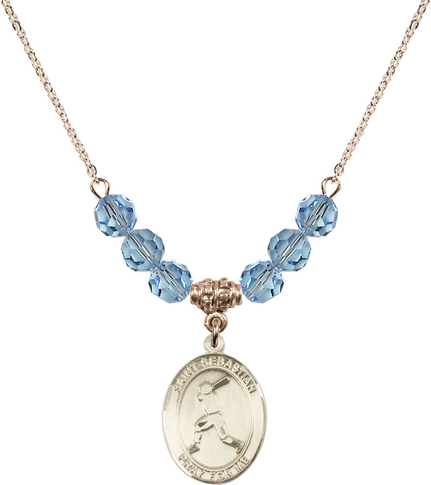 14kt Gold Filled Saint Sebastian/Baseball Birthstone Necklace with Aqua Beads - 8160