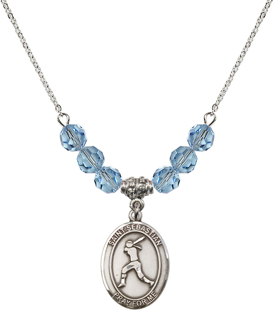Sterling Silver Saint Sebastian / Softball Birthstone Necklace with Aqua Beads - 8183