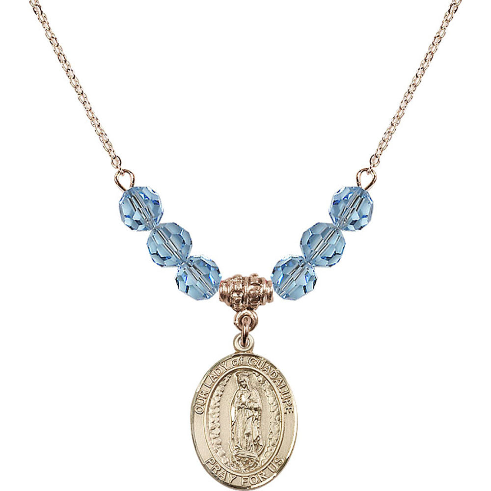 14kt Gold Filled Our Lady of Guadalupe Birthstone Necklace with Aqua Beads - 8206