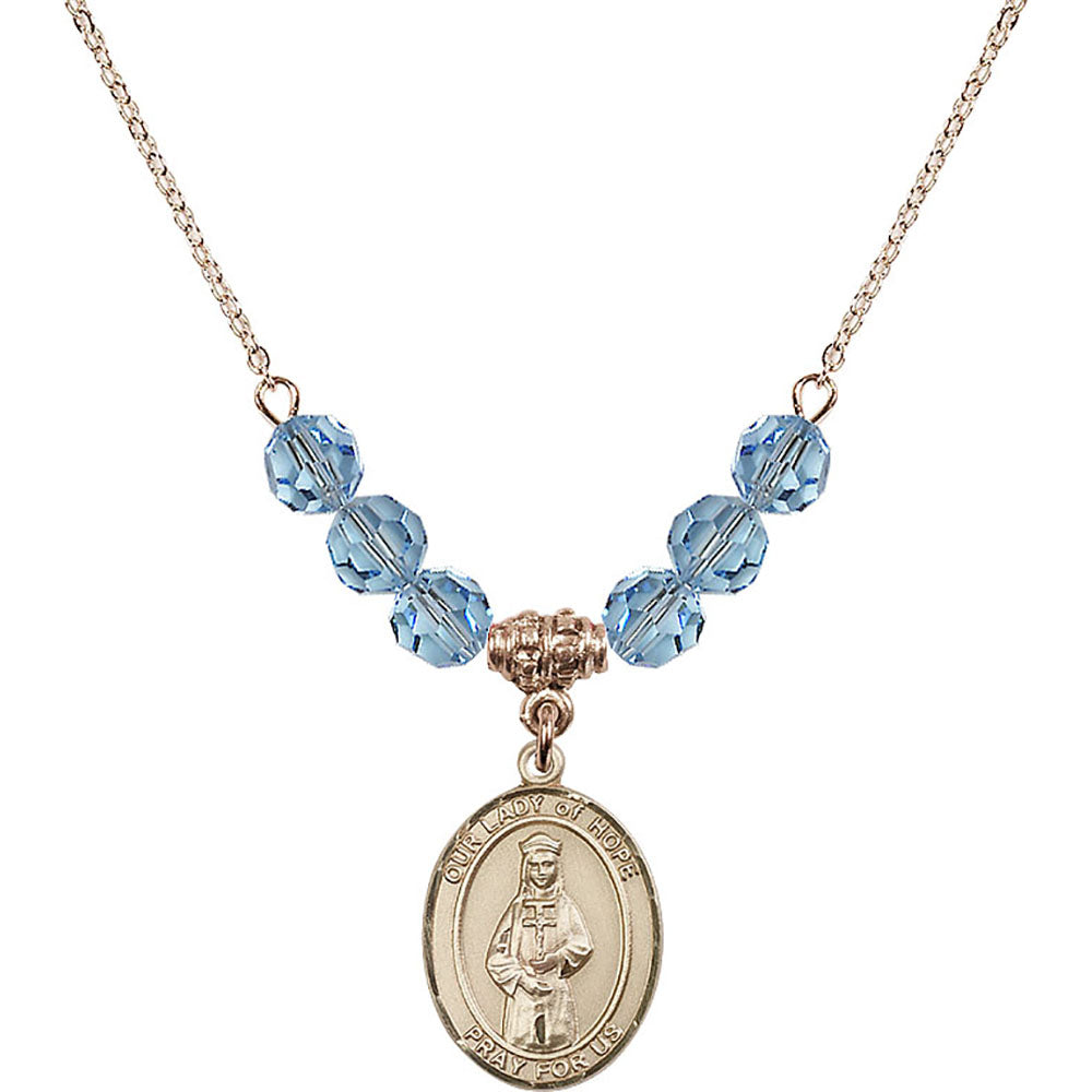 14kt Gold Filled Our Lady of Hope Birthstone Necklace with Aqua Beads - 8230