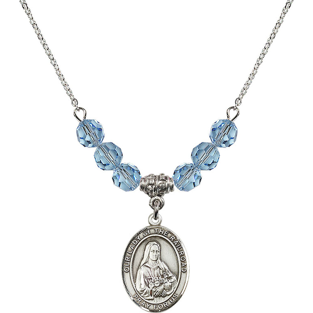Sterling Silver Our Lady of the Railroad Birthstone Necklace with Aqua Beads - 8247