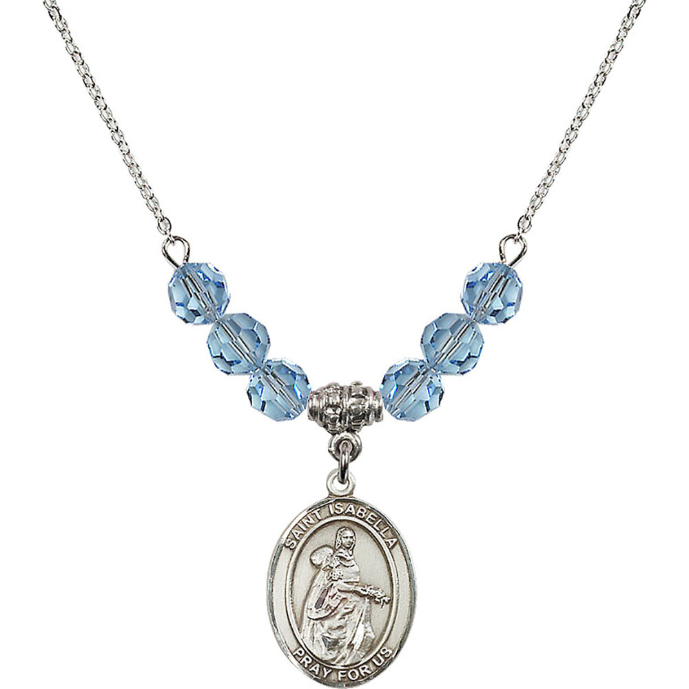 Sterling Silver Saint Isabella of Portugal Birthstone Necklace with Aqua Beads - 8250