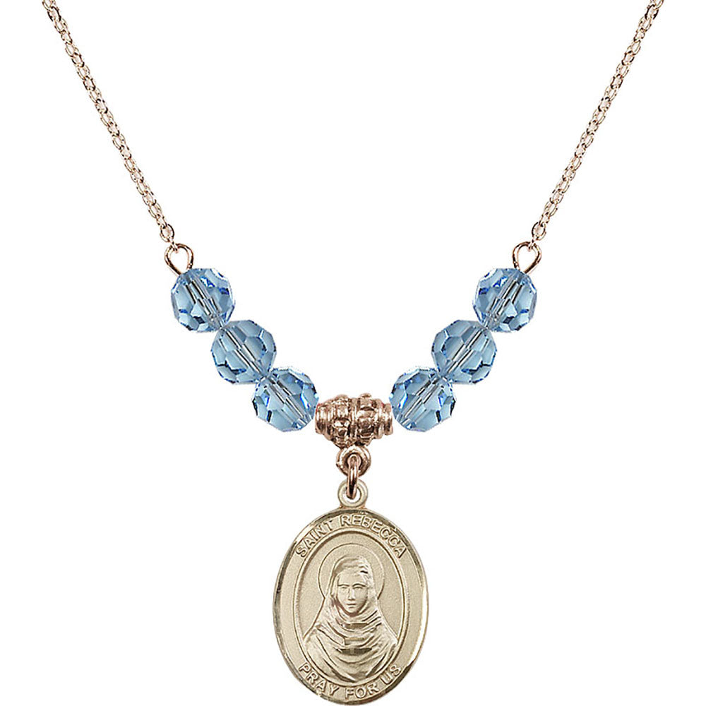 14kt Gold Filled Saint Rebecca Birthstone Necklace with Aqua Beads - 8252