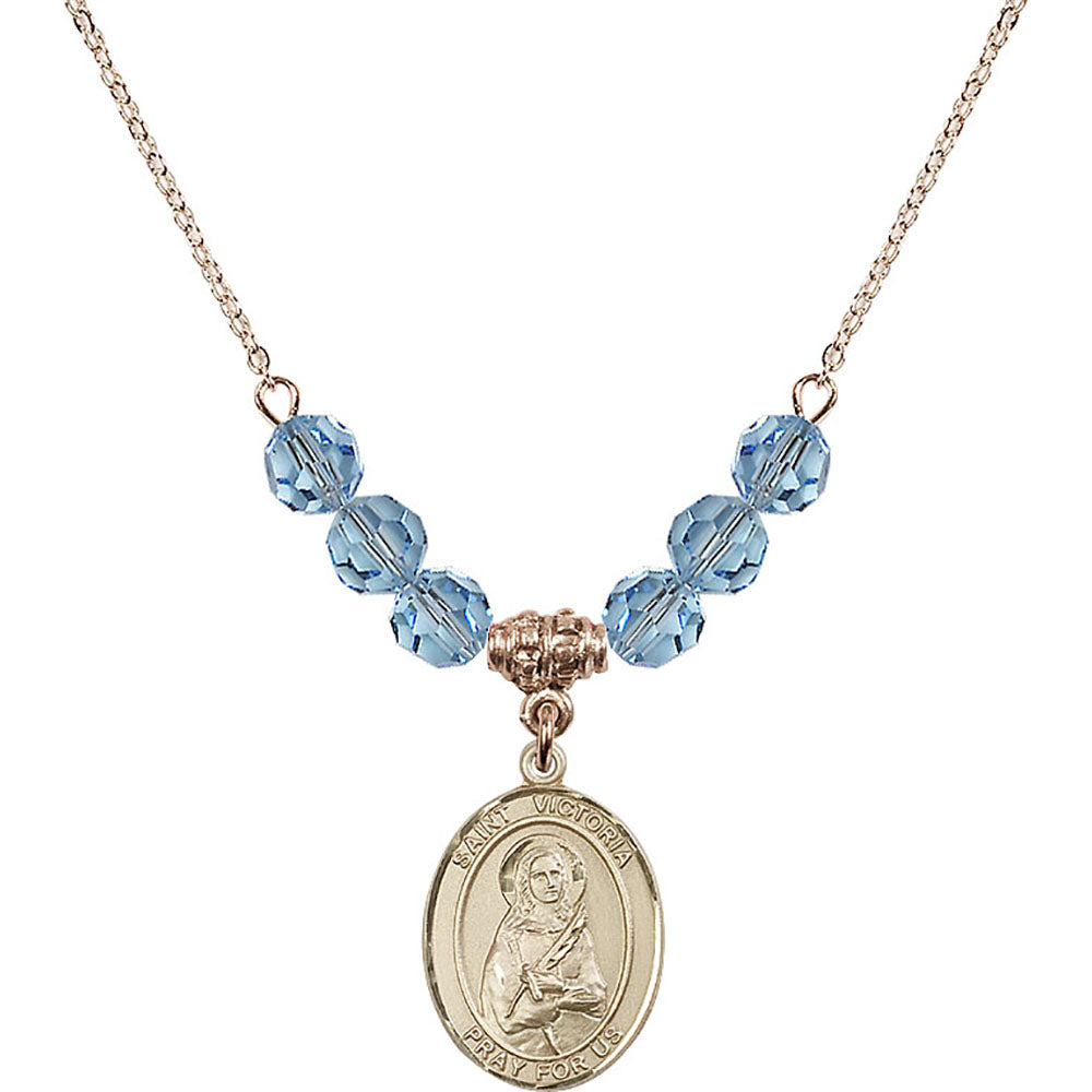 14kt Gold Filled Saint Victoria Birthstone Necklace with Aqua Beads - 8253
