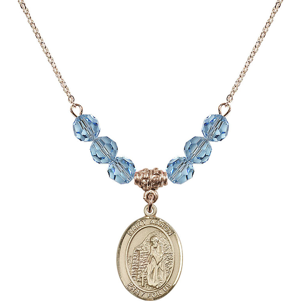 14kt Gold Filled Saint Aaron Birthstone Necklace with Aqua Beads - 8254