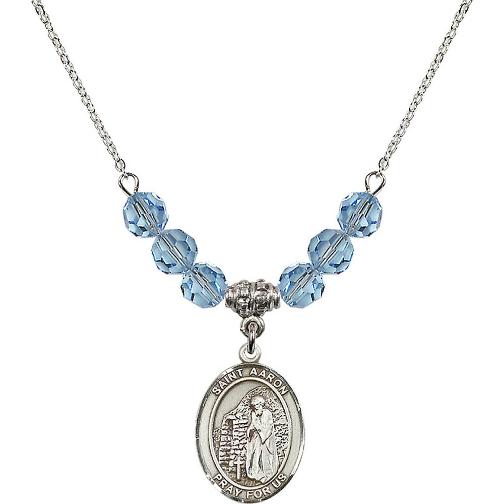 Sterling Silver Saint Aaron Birthstone Necklace with Aqua Beads - 8254