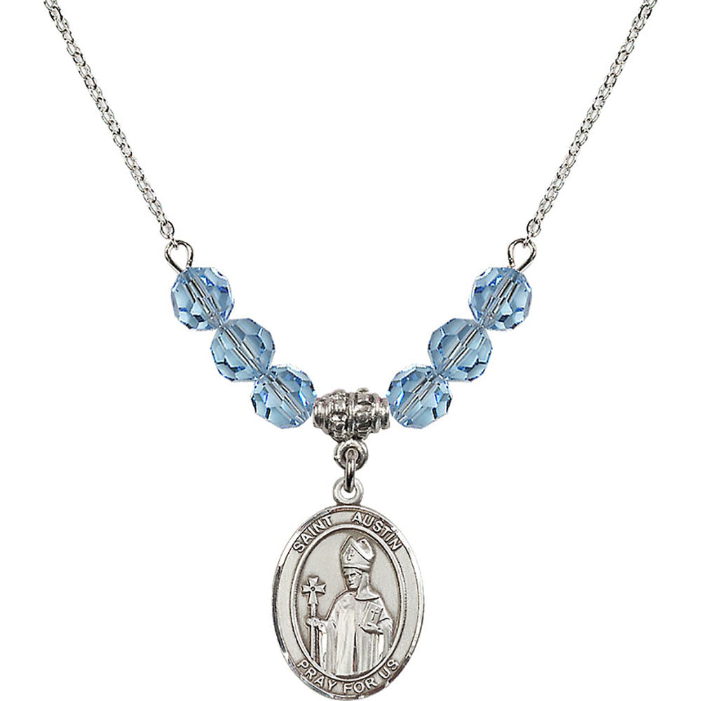Sterling Silver Saint Austin Birthstone Necklace with Aqua Beads - 8256