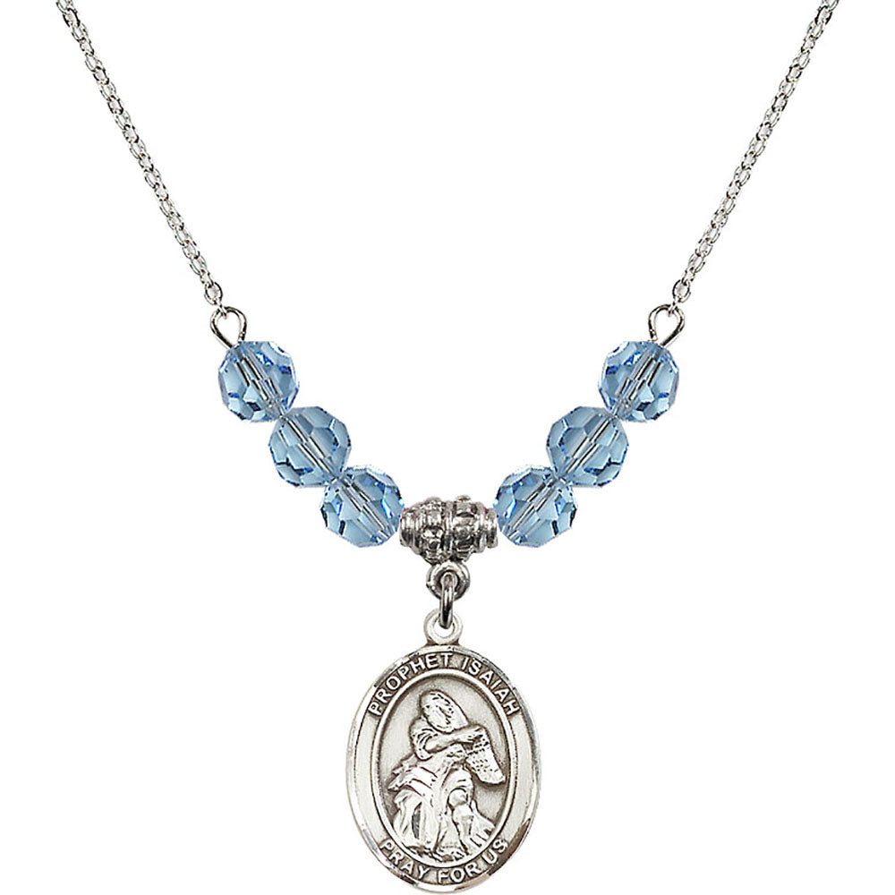 Sterling Silver Saint Isaiah Birthstone Necklace with Aqua Beads - 8258