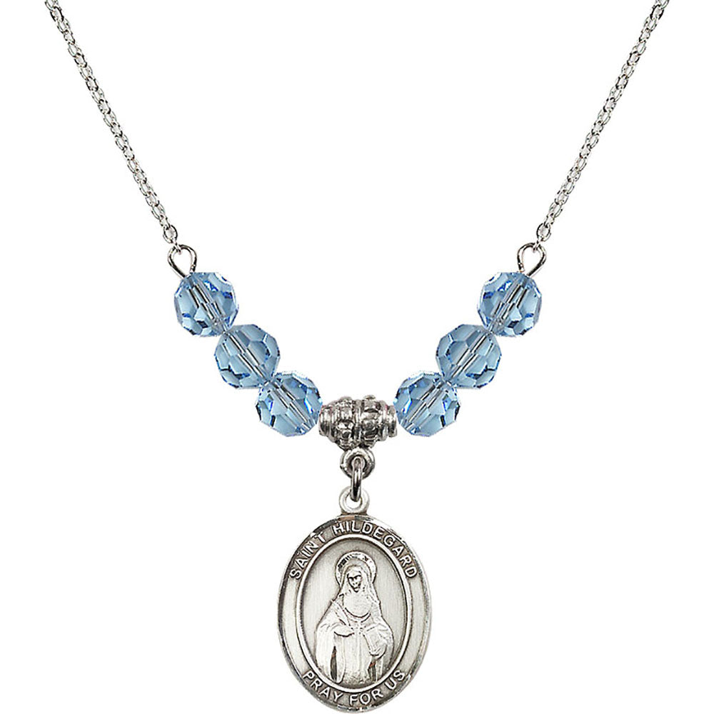 Sterling Silver Saint Hildegard von Bingen Birthstone Necklace with Aqua Beads - 8260