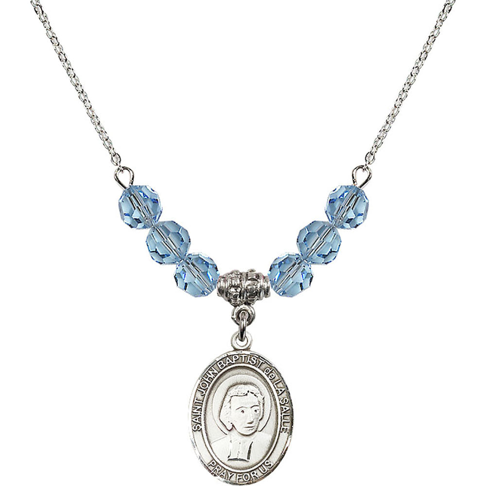Sterling Silver Saint John Baptist de la Salle Birthstone Necklace with Aqua Beads - 8262
