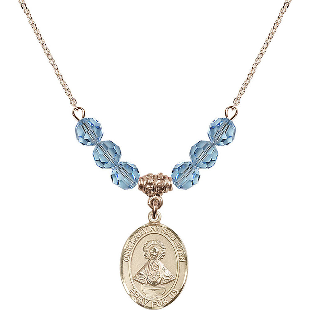 14kt Gold Filled Our Lady of San Juan Birthstone Necklace with Aqua Beads - 8263
