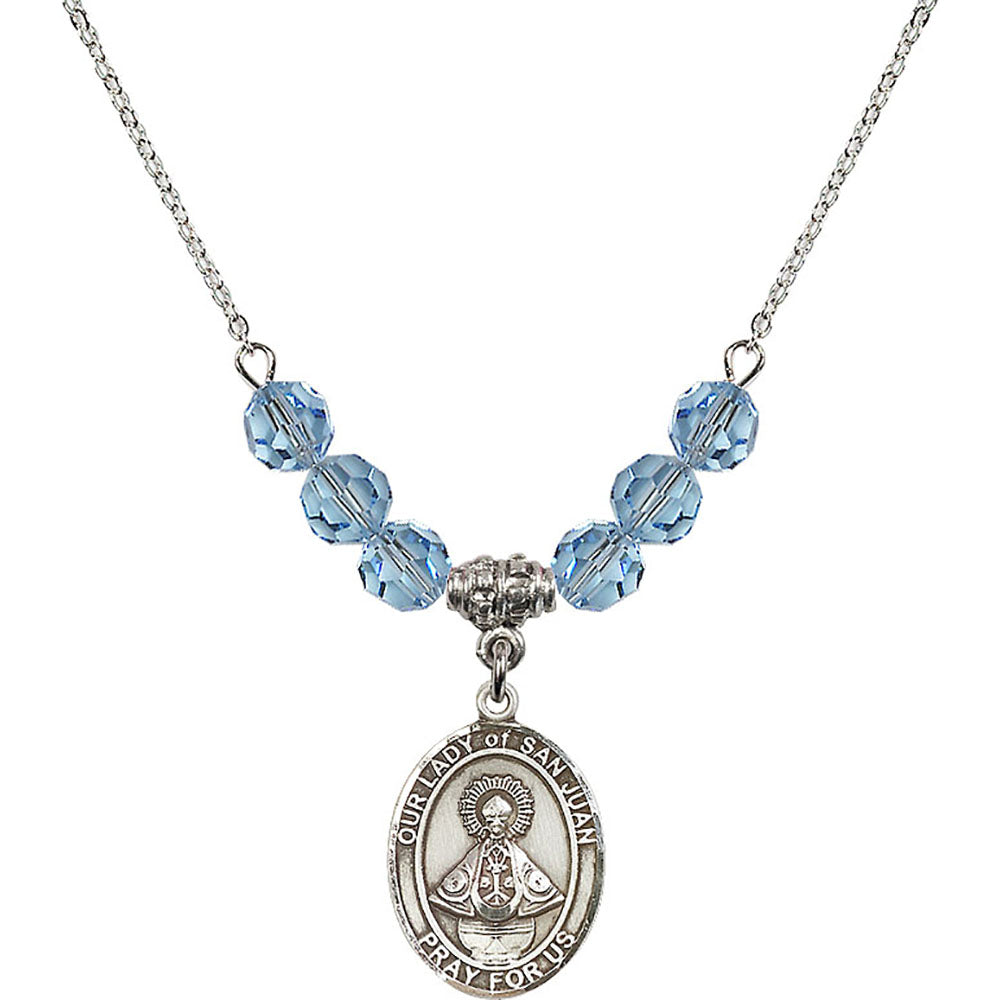 Sterling Silver Our Lady of San Juan Birthstone Necklace with Aqua Beads - 8263