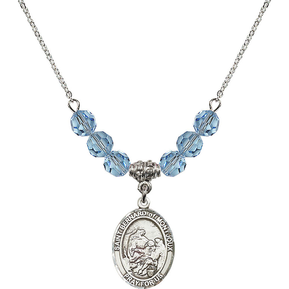 Sterling Silver Saint Bernard of Montjoux Birthstone Necklace with Aqua Beads - 8264