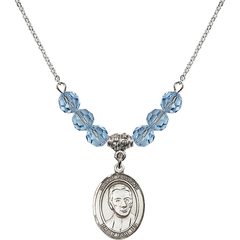 Sterling Silver Saint Eugene de Mazenod Birthstone Necklace with Aqua Beads - 8266