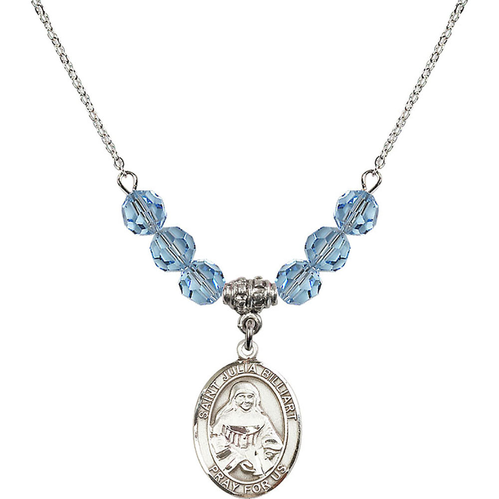 Sterling Silver Saint Julia Billiart Birthstone Necklace with Aqua Beads - 8267