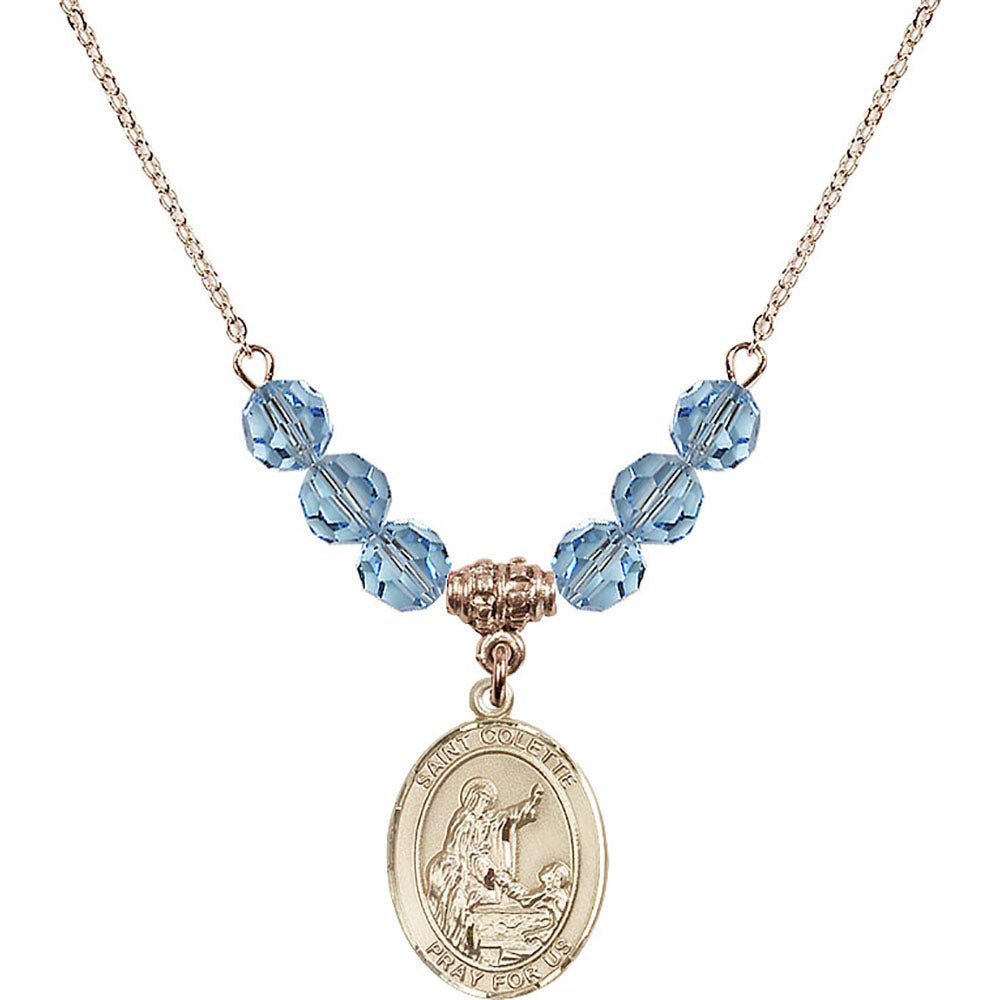 14kt Gold Filled Saint Colette Birthstone Necklace with Aqua Beads - 8268
