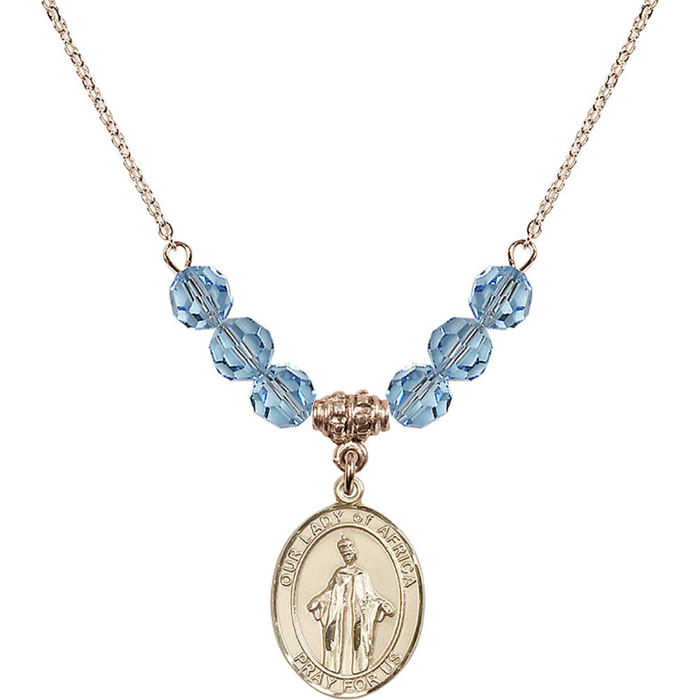 14kt Gold Filled Our Lady of Africa Birthstone Necklace with Aqua Beads - 8269