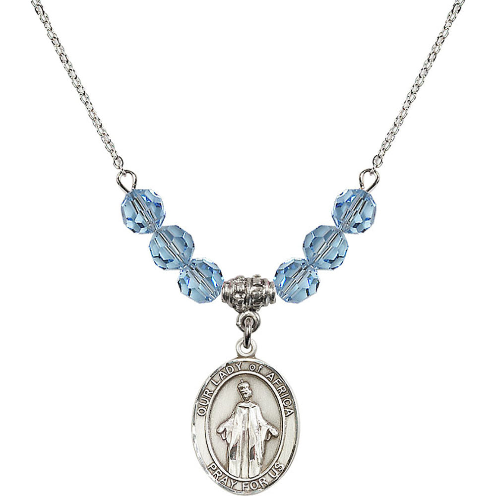 Sterling Silver Our Lady of Africa Birthstone Necklace with Aqua Beads - 8269