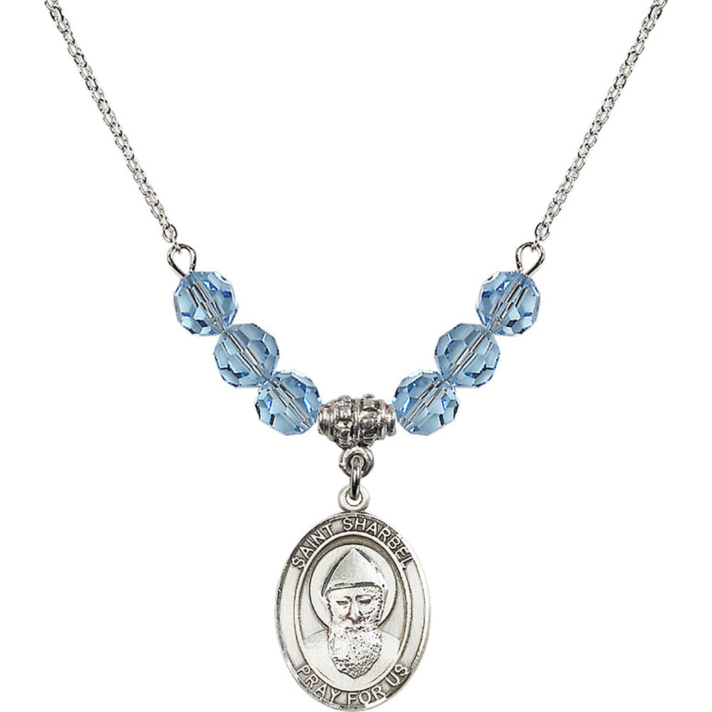 Sterling Silver Saint Sharbel Birthstone Necklace with Aqua Beads - 8271