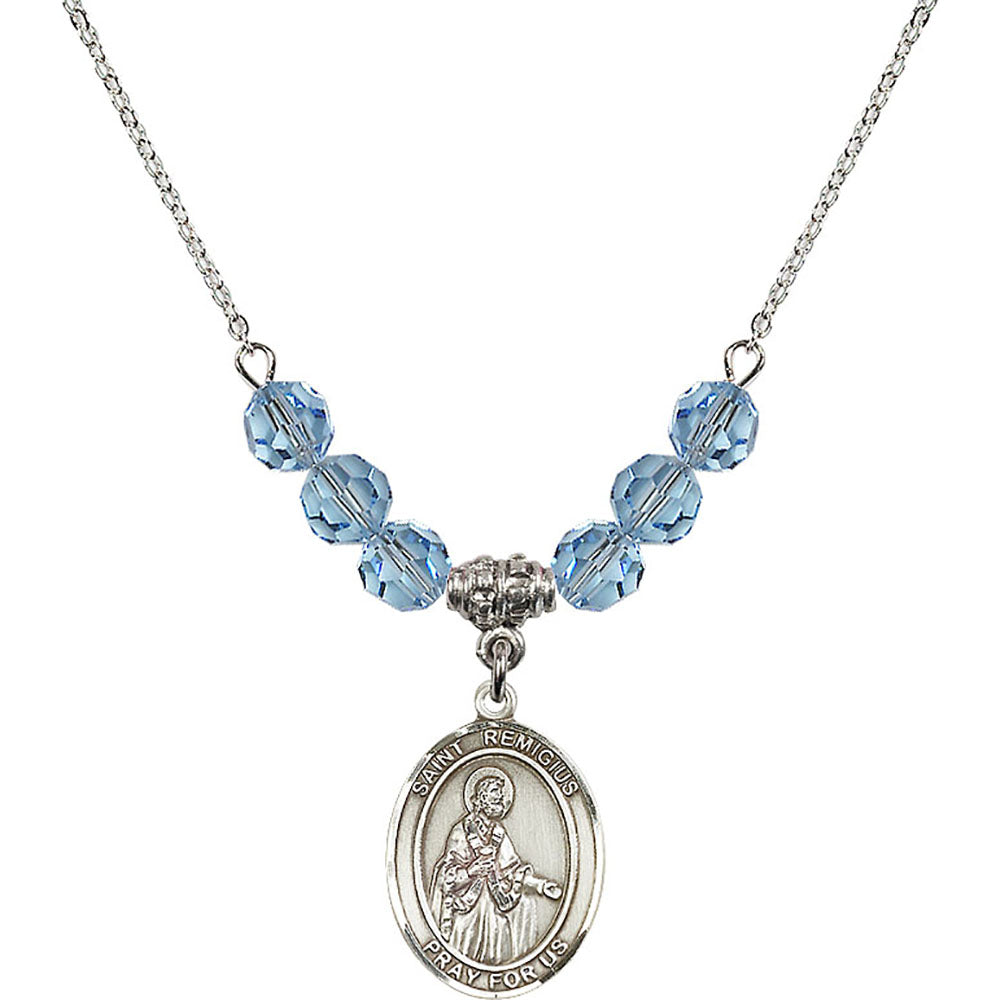 Sterling Silver Saint Remigius of Reims Birthstone Necklace with Aqua Beads - 8274