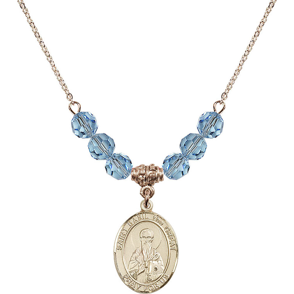 14kt Gold Filled Saint Basil the Great Birthstone Necklace with Aqua Beads - 8275