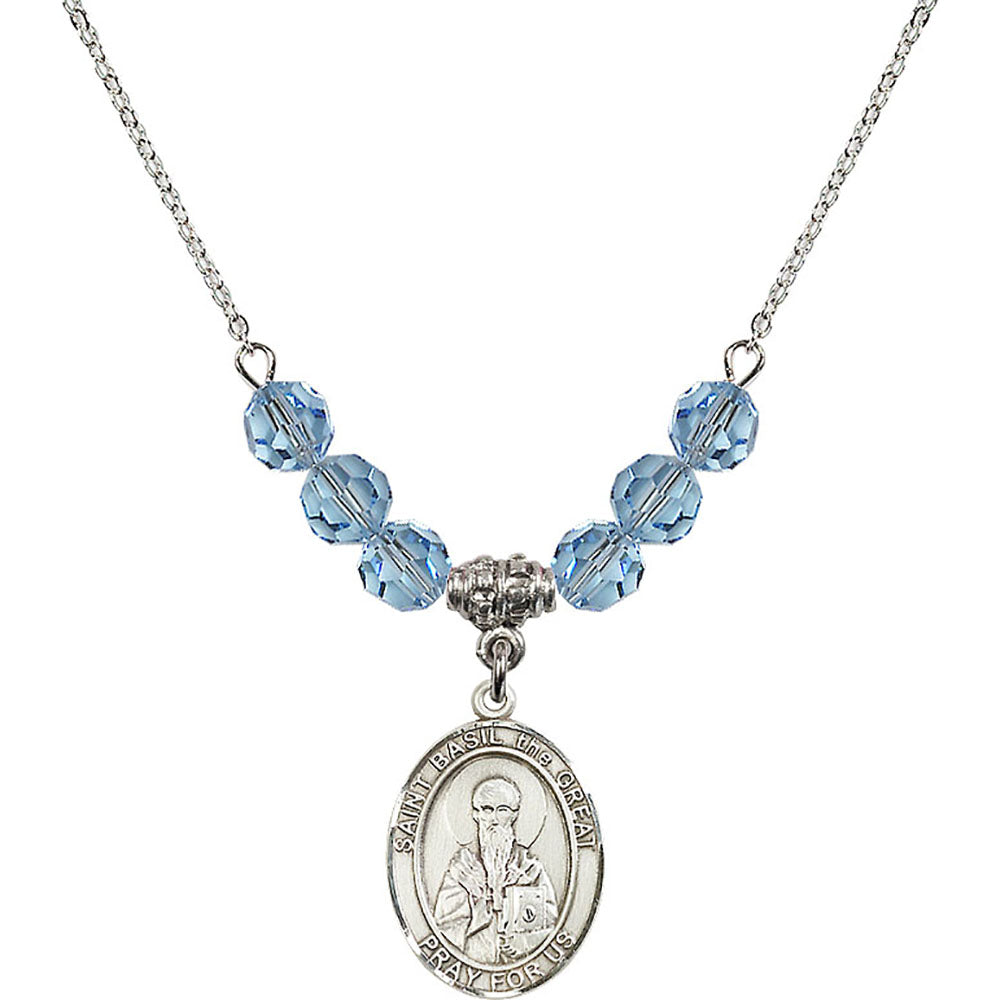 Sterling Silver Saint Basil the Great Birthstone Necklace with Aqua Beads - 8275