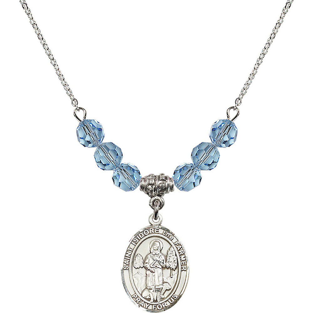 Sterling Silver Saint Isidore the Farmer Birthstone Necklace with Aqua Beads - 8276