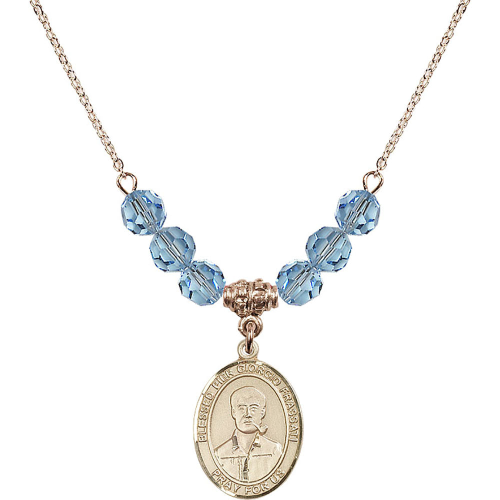 14kt Gold Filled Blessed Pier Giorgio Frassati Birthstone Necklace with Aqua Beads - 8278