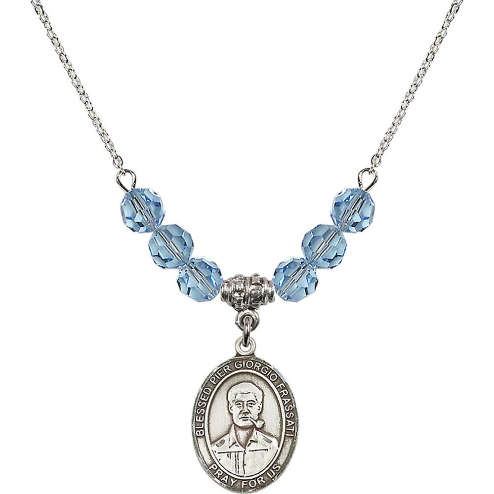 Sterling Silver Blessed Pier Giorgio Frassati Birthstone Necklace with Aqua Beads - 8278