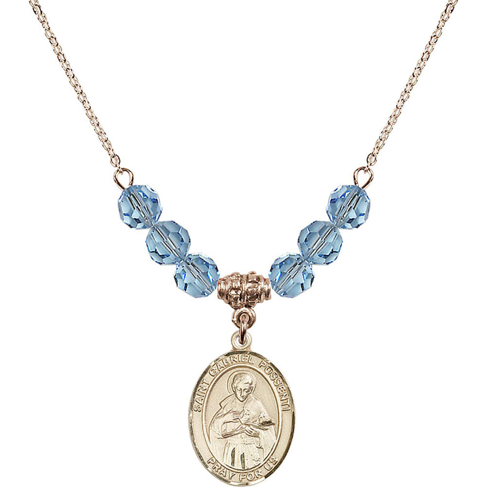 14kt Gold Filled Saint Gabriel Possenti Birthstone Necklace with Aqua Beads - 8279