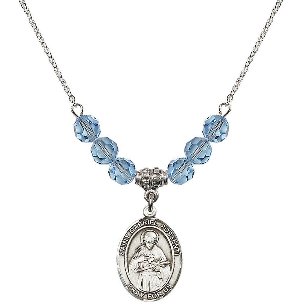 Sterling Silver Saint Gabriel Possenti Birthstone Necklace with Aqua Beads - 8279