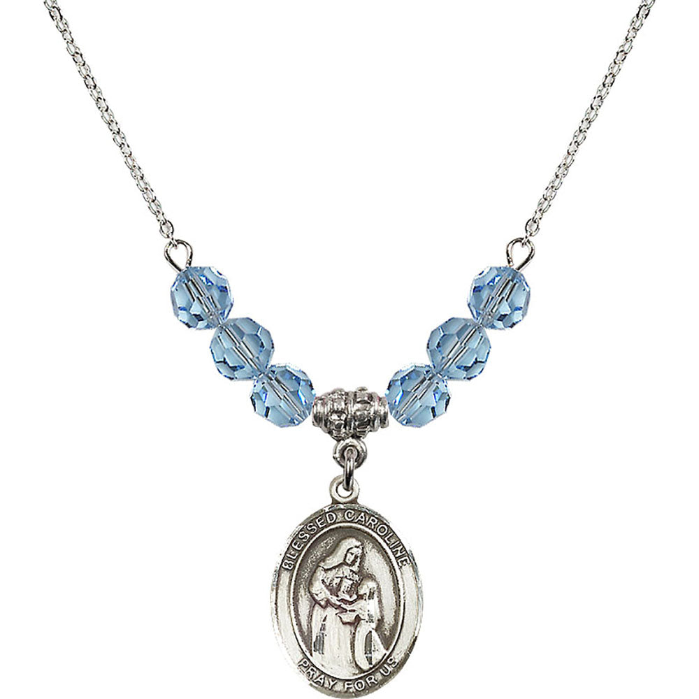 Sterling Silver Blessed Caroline Gerhardinger Birthstone Necklace with Aqua Beads - 8281